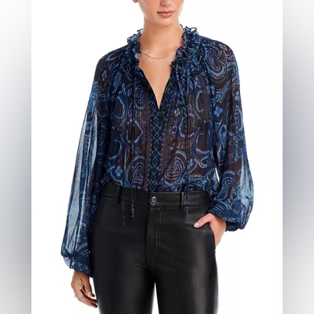 KOBI HALPERIN Yarden Ruffled Geometric Print Blouse L.